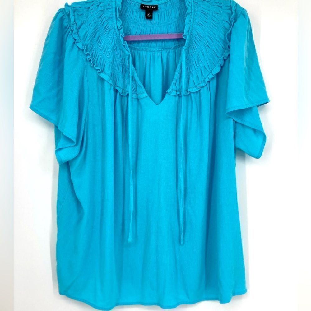 Torrid‎ Smocked Yoke Ruffle Turquoise Top Size 2 - Picture 5 of 10